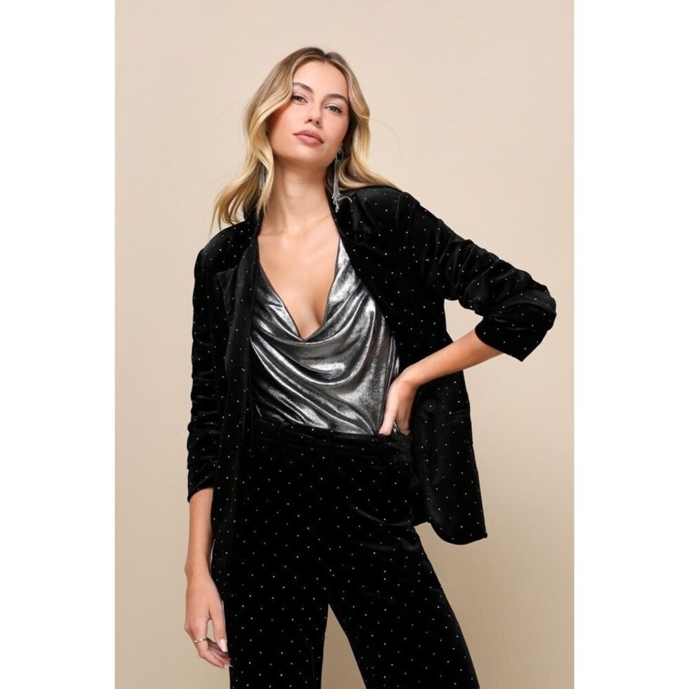 Lulus Glamorous Statement Black Velvet Studded Blazer - Size XL